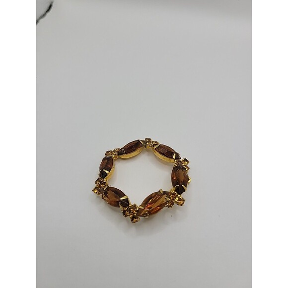Vintage Brooch Pin Round Gold Tone Brown Yellow Crystals Jewelry Costume - Picture 8 of 13